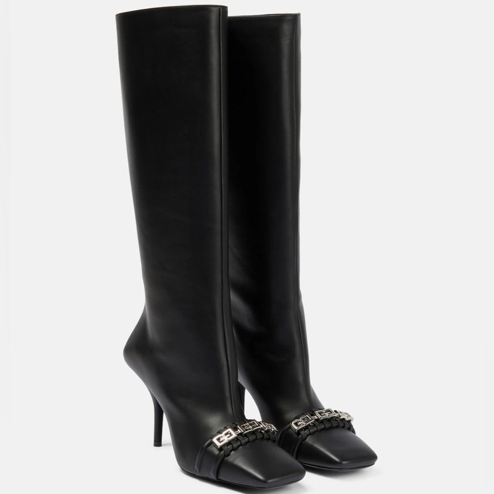 Givenchy G Woven Leather Knee High Black Boots